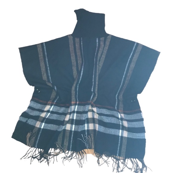Maglia Dark Blue Plaid Turtleneck Fringe Poncho Cozy Soft Flannel Top - Picture 3 of 3